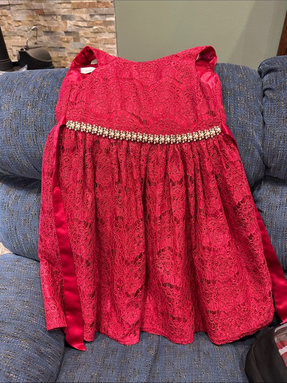 American Princess Red Lace Skater Dress with Pearl Waist